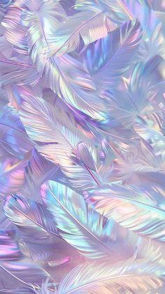 an abstract image of feathers in pastel blue, pink and white colors with iridescent hues