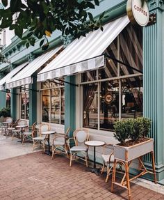 an instagram page with chairs and tables in front of storefronts on the street