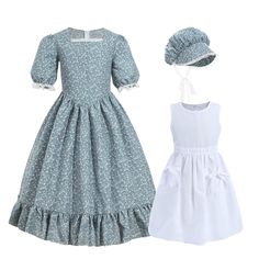 two children's dresses with bonnets on the top and bottom, one in blue