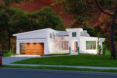 This sleek, compact mid-century modern house plan gem has a low-slope roof and board-and-batten facade. Inside, it gives you 1,611 square feet of heated living with 3 beds and 2 baths and a skylit great room with a striking fireplace that opens to a rear porch.  The kitchen features an island and pantry, while the dining room is perfect for family meals. The private master suite is bathed in natural light with dual walk-in closets and a stylish bathroom.  Two additional bedrooms share Modern House Floor Plans Luxury, Batten Facade, Mid Century House Plans, Slope Roof, Floor Planning, Mid Century Modern House Plans, Single Floor House Design, Small Modern House Plans, Modern House Floor Plans