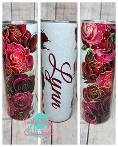 three different views of the same cup with flowers painted on it, one is red and the other is white