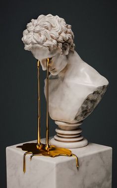 a white marble bust with gold paint dripping from it