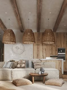 a living room filled with lots of furniture and wooden beams on the ceiling above it