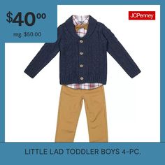 Your boy will look smart for the holidays or special events wearing this Little Lad toddler's 4-piece clothing set. It includes a cable-knit long-sleeve cardigan, a plaid long-sleeve shirt, a pair of pull-on cotton-twill pants with an elastic-waist and a bow tie to dress up his look. # Pieces In Set: 4Included: 1 Pant(s), 1 Shirt(s), 1 Cardigan(s)1st Piece Description: Sweater1st Piece Fabric: Knit1st Piece Fiber Content: 100% Acrylic1st Piece Care: Machine Wash, Tumble Dry2nd Piece Description… Clothes Guide, Shoes Guide, Navy Cardigan, How To Hem Pants, Cardigan Shirt, Long Sleeve Plaid Shirt, Baby Pants, Twill Pants, Pant Sets