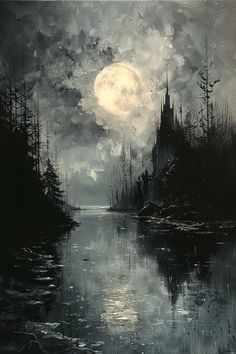 a painting of a lake with trees in the foreground and a full moon in the background