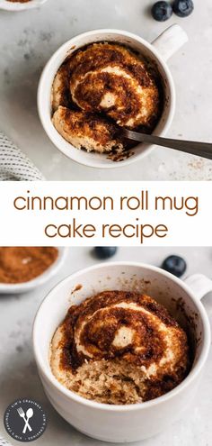 cinnamon roll mug cake recipe in a white bowl with blueberries on the side and text overlay