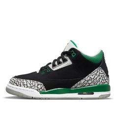 The Air Jordan 3 Retro GS 'Pine Green' is a must-have sneaker for any Jordan fan. Offered in big kids sizing, this sneaker features a black nubuck upper with signature elephant-print overlays at the forefoot and heel. Lush green accents settle on the eyelets, perforated leather collar, and embroidered Jumpman branding atop the tongue. A secondary Jumpman logo decorates the sneaker's back heel. The mid-top is mounted on a two-tone polyurethane midsole, fitted with visible Air-sole cushioning in the heel and reinforced by a durable rubber outsole. Don't miss your chance to add this retro sneaker to your collection. (AJ3/SNKR/Basketball) Green Sporty Basketball Shoes For Outdoor Activities, Green Breathable Jordan Shoes For Sports, Green High-top Sneakers With Speckled Midsole For Sports, Pine Green Jordan 3s Outfits, Green Basketball Shoes With Speckled Midsole, Green High-top Breathable Jordan Shoes, Green Breathable Jordan Shoes For Streetwear, Jordan 3 Pine Green, Air Jordan 3 Retro Desert Elephant