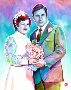 a painting of two people standing next to each other, one holding a bouquet of flowers