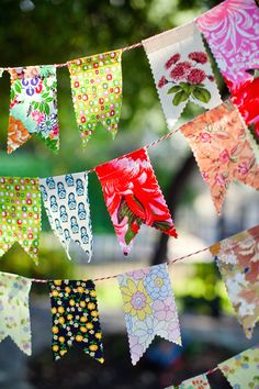 colorful buntings are hanging from a line in the grass with flowers on them