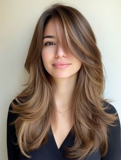 Layer Haircut With Face Framing, Medium Hair Layered Haircut, Long Layers With Curtain Bangs Thick Wavy Hair, Hair Color For Round Face, Layer Haircut With Curtain Bangs Long Hair, Round Layers Curtain Bangs, Haircut With Layers And Curtain Bangs, Layer Haircut For Long Hair Round Face, Subtle Curtain Bangs Long Hair