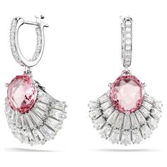 Dip into the calming spirit of the ocean with these graceful Hyperbola earrings. Connected to mini hoops adorned with clear crystals, each shell design is rhodium plated and embellished with an array of clear Swarovski Zirconia, as well as a bright pink central crystal. Wear this nature-inspired jewelry every day to let your style shine. Floating Earrings, Pink Drop Earrings, Shell Pink, Shell Design, Nature Inspired Jewelry, Swarovski Crystal Earrings, Clear Crystals, Swarovski Earrings, Swarovski Jewelry