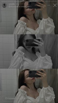 a woman taking a selfie with her cell phone in the bathroom while wearing a white dress