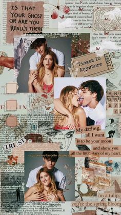 a collage of photos with words and pictures on them, including two people kissing each other