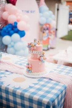 a pink cake sitting on top of a blue and white checkered tablecloth covered table