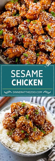 sesame chicken on top of white rice in a bowl