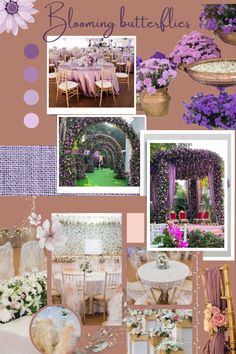 a collage of photos with flowers and decorations on it, including tables and chairs