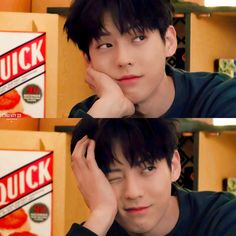 two pictures of a young man sitting in front of a box of doughnuts