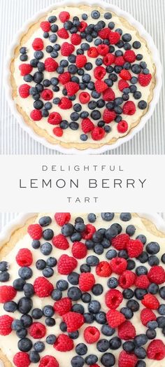 two pies with berries and blueberries on them, one is lemon berry tart