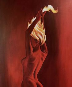 a painting of a woman holding a white object in her right hand with flames coming out of it