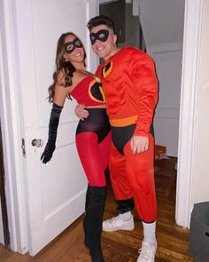 a man and woman dressed up as the incredibles posing for a photo in their costumes