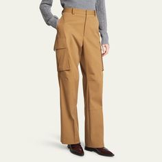 Victoria Beckham relaxed wide-leg cargo trousers  Mid-rise; sits at hip Button/zip fly; belt loops  Side slip pockets; multiple patch pockets  Full length Relaxed fit  Cotton Machine wash cold Made in Lithuania Luxury Beige Tapered Leg Cargo Pants, Victoria Beckham Cargo Pants, Luxury High-waisted Relaxed Fit Cargo Pants, Luxury High-waisted Cargo Pants With Patch Pockets, Luxury Cargo Pocket Ankle-length Bottoms, Cargo Trousers, Victoria Beckham, Full Length, Wide Leg