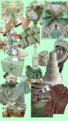 Sage Green Decor Quince, Surprise Dance Outfits Quinceanera Sage Green, Quince Ideas Sage Green, Light Green Quinceanera Decorations, Green And Champagne Quince, Sage Quince Nails, Sage And Gold Quinceanera Theme, Tinkerbell Theme Quinceanera, Debut Color Theme Ideas