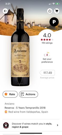 a bottle of wine sitting on top of a table next to an app interface with icons