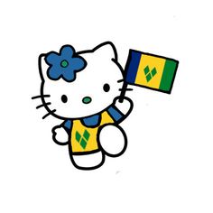 a hello kitty holding a flag and wearing a blue flower on it's head