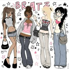 three girls standing next to each other with the word bratz written on their chest