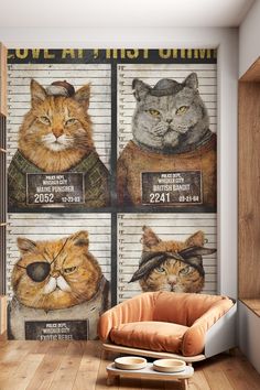 Image of Love at First Crime II Wallpaper from HappyWall Bar Wallpaper Ideas, Modern Animal Wallpaper, Bathroom Wallpaper Animal, Bold Animal Wallpaper, Funky Bathroom Wallpaper, Cat Wallpaper Interior, Cat Wallpaper Home Decor, Half Bath Makeover, Truck Painting