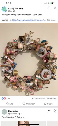 a facebook post with an image of a wreath made out of buttons and other items