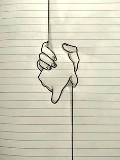 a drawing of a hand holding on to a pole with lines in the paper behind it