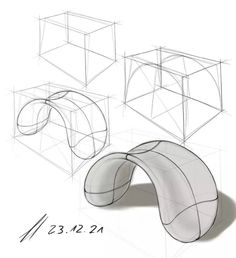 three different angles of a curved object on a white background with the text below it