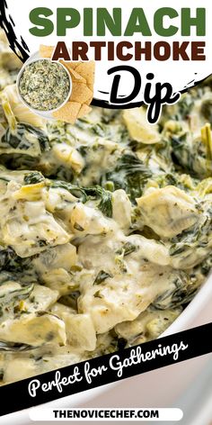 spinach artichoke dip in a white bowl