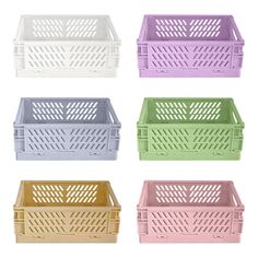 four different colored plastic baskets sitting side by side