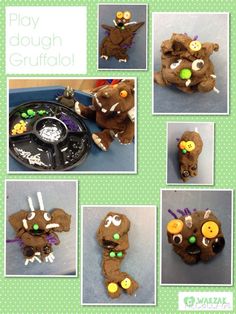 a collage of pictures showing how to make a play dough grufffalo