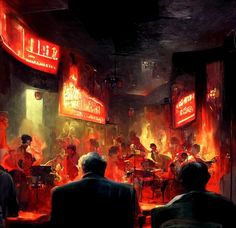 a group of people sitting in front of a red lit bar with neon signs on the walls