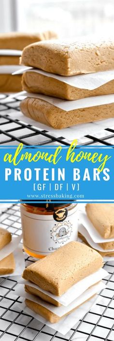 peanut butter and honey protein bars on a cooling rack with text overlay that reads, balanced energy protein protein bars