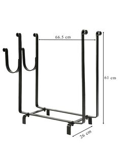 a black metal rack with two hooks on it and measurements for each coat hanger