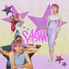 a collage of photos with the words sasha on it and stars in the background