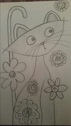 a drawing of a cat with flowers on it