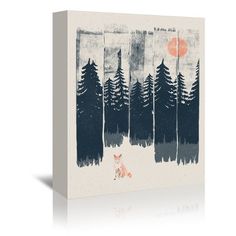 a fox in the woods with trees and an orange sun