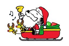 santa claus is riding in his sleigh with reindeers and music notes around him