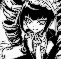 a black and white drawing of an anime character with long hair, wearing a bow tie