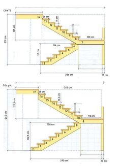 two drawings of stairs with measurements for each step and how to use the stairs