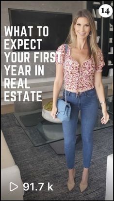 a woman standing in front of a tv with the caption what to expect your first year in real estate