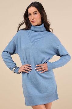 Pickup a warm bevvy and embrace the changing season in style with the Lulus Frosty Forecast Blue Turtleneck Long Sleeve Sweater Dress! Ultra soft and cozy sweater knit shapes a chic turtleneck that flows into a contrasting, triangular ribbed knit detail. The relaxed silhouette is framed by long sleeves and ends at a flirty hem. Ribbed knit accents the cuffs and hem. Fit: This garment fits true to size. Length: Mid-thigh. Size medium measures 32.75" from shoulder to hem. Bust: Great for any cup s Blue Turtleneck, Turtleneck Sweater Dress, Turtleneck Long Sleeve, Long Sleeve Sweater Dress, Cozy Sweater, Sweater Knit, Large Size Dresses, Cup Size, Cozy Sweaters