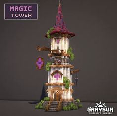 a tall tower with lots of plants growing on it's sides and the words magic tower above it