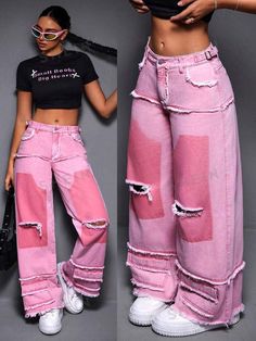 SHEIN ICON Women's Casual Wide Leg Loose Fit Jeans With Distressed Detail And Frayed Hem | SHEIN USA Patch Pants Ideas, Pink Baggy Jeans, Aesthetic Trousers, Fancy Pants Outfit, Black Tomboy, Dope Fashion Outfits, Shein Clothes, Pants Ideas, Street Style Outfits Casual