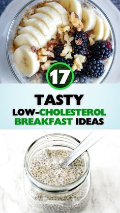 the top ten low - cholesterol breakfast ideas are displayed in this collage